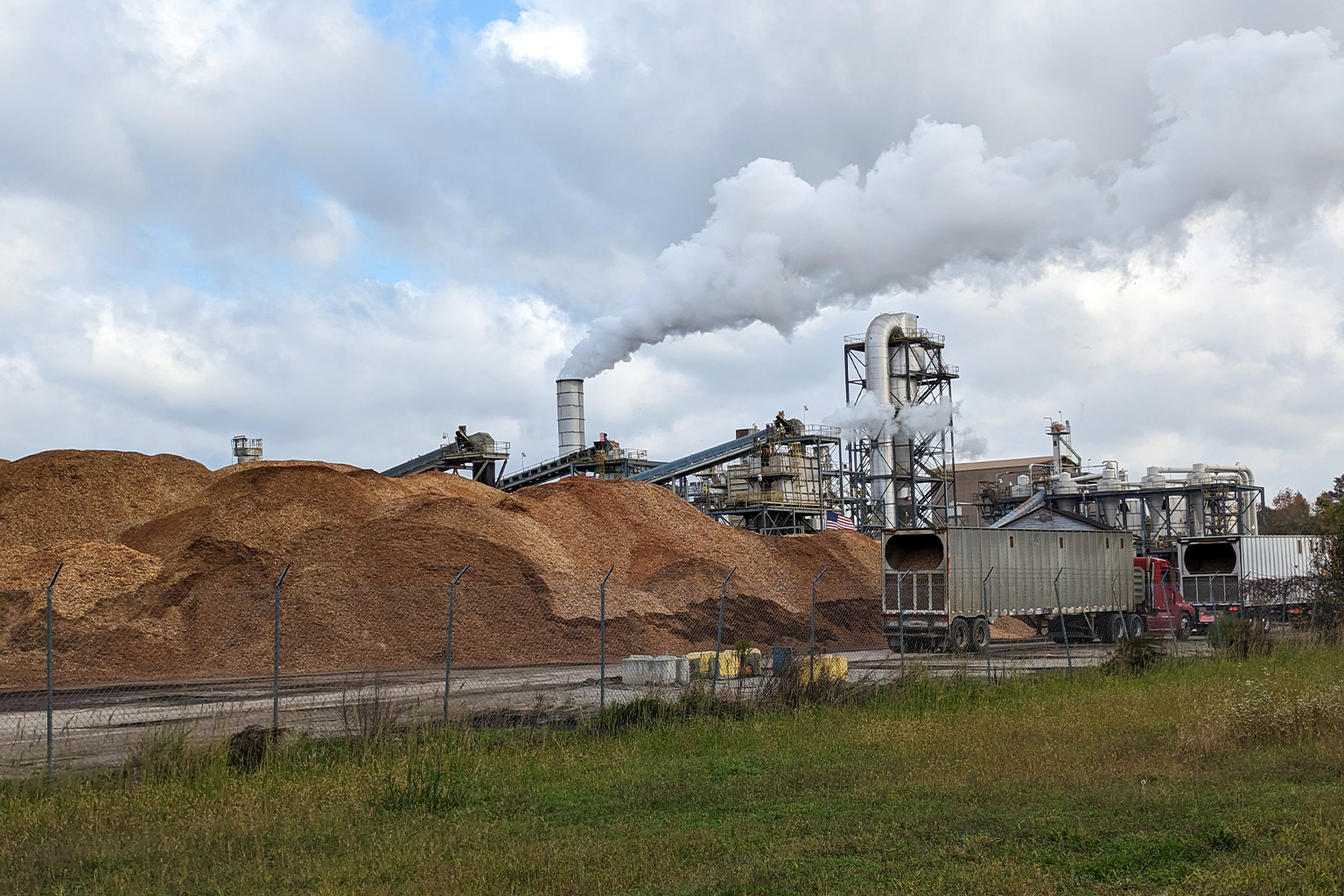 Small mountains of forest wood, chipped from whole trees and loaded into tractor-trailers for delivery, are piled up outside the Enviva wood pellet mill in Ahoskie, North Carolina.