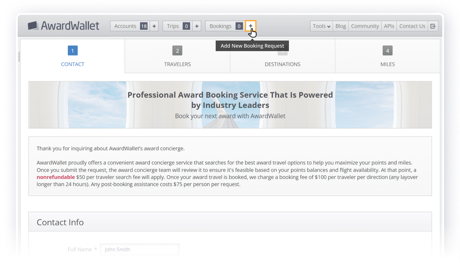 Screenshot showing AwardWallet dashboard highlighting the option to click add new booking request