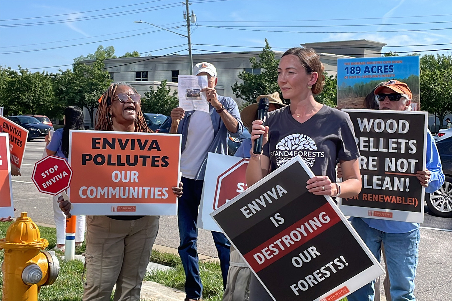 Forest biomass protestors outside Enviva