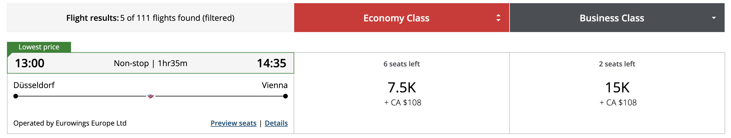 DUS to VIE bookable via Aeroplan.