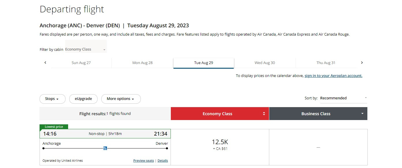 Air Canada Aeroplan flight search result showing United Airlines availability for Anchorage to Denver, highlighting partner award booking options.