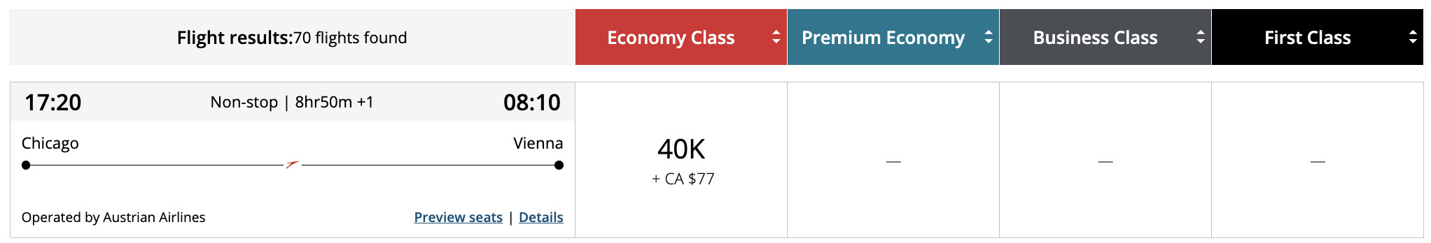 Flight award result - ORD to VIE bookable with Aeroplan points.