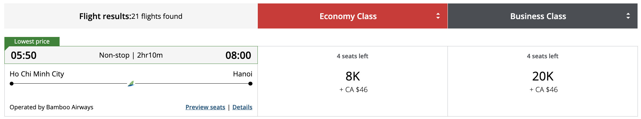 Flight award result - SGN to HAN bookable with Aeroplan points.