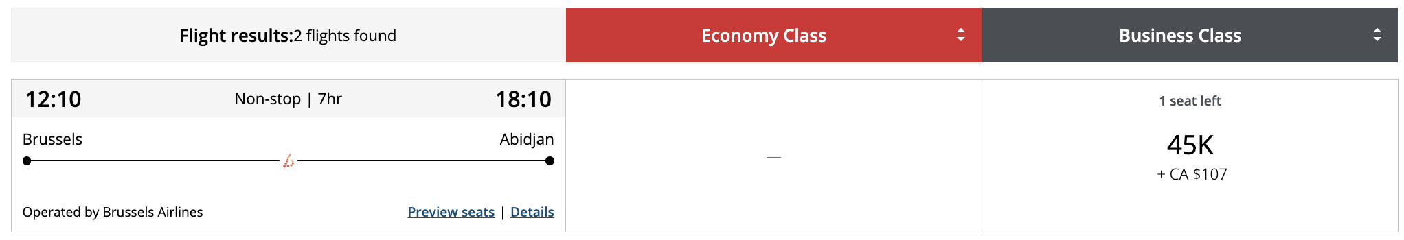 Flight award result - BRU to ABJ bookable with Aeroplan points.