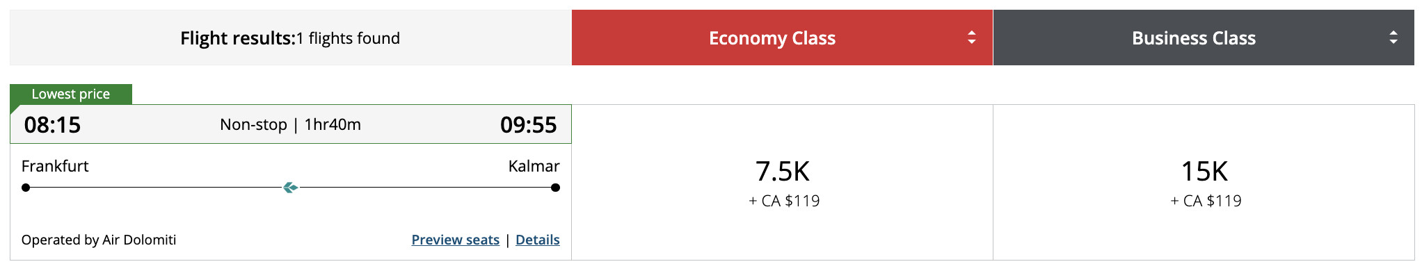 Flight award result - FRA to KLR bookable with Aeroplan points.