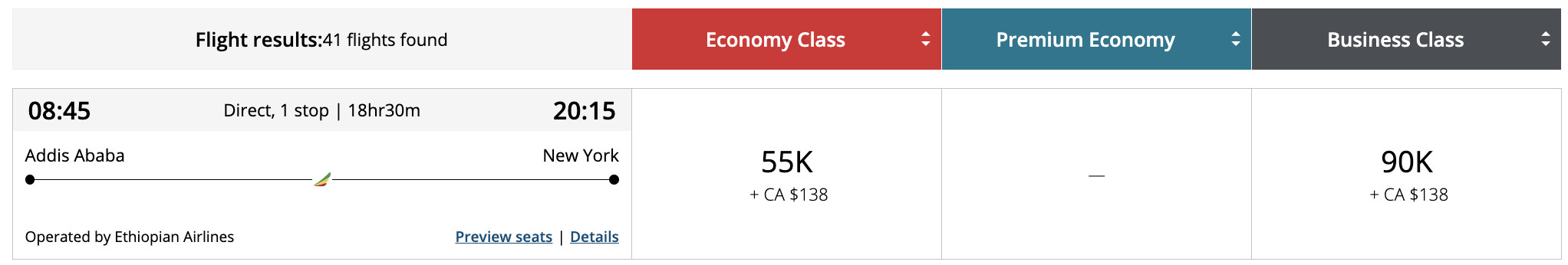 Flight award result - ADD to EWR bookable with Aeroplan points.