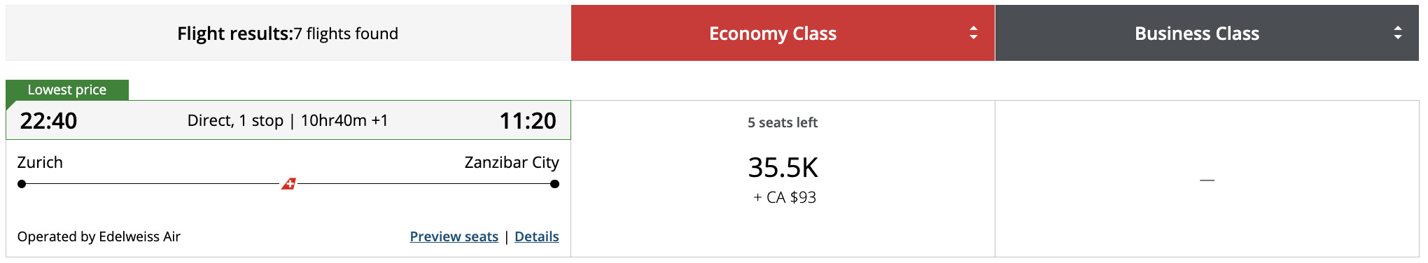 Flight award result - ZRH to ZNZ bookable with Aeroplan points.