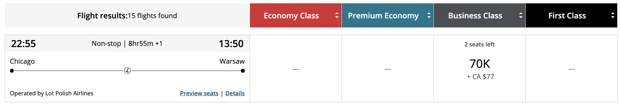 Flight award result - ORD to WAW bookable with Aeroplan points.