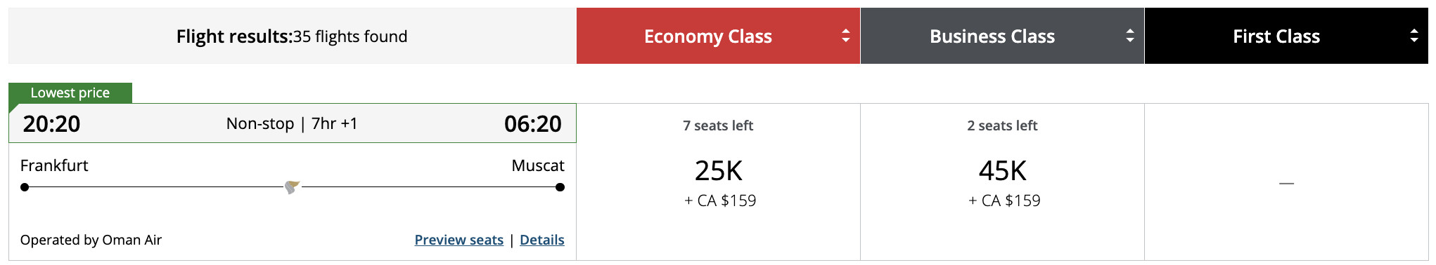 Flight award result - FRA to MCT bookable with Aeroplan points.