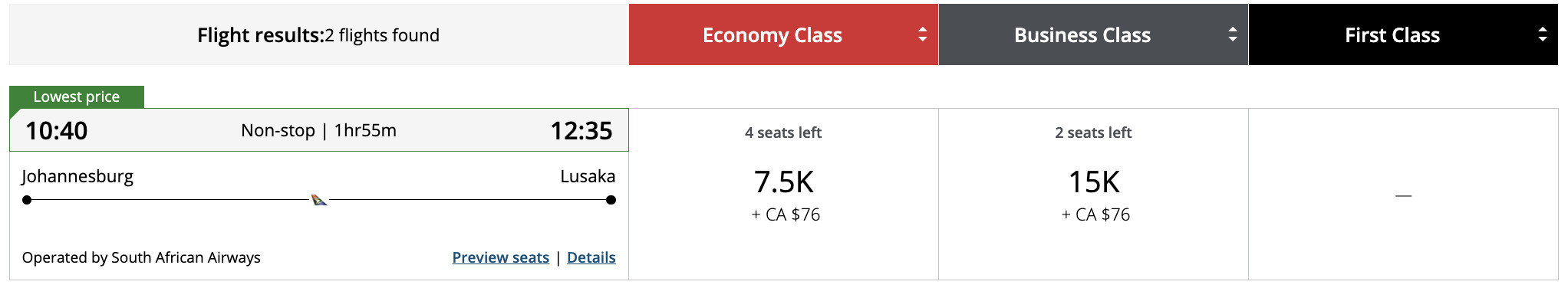 Flight award result - JNB to LUN bookable with Aeroplan points.