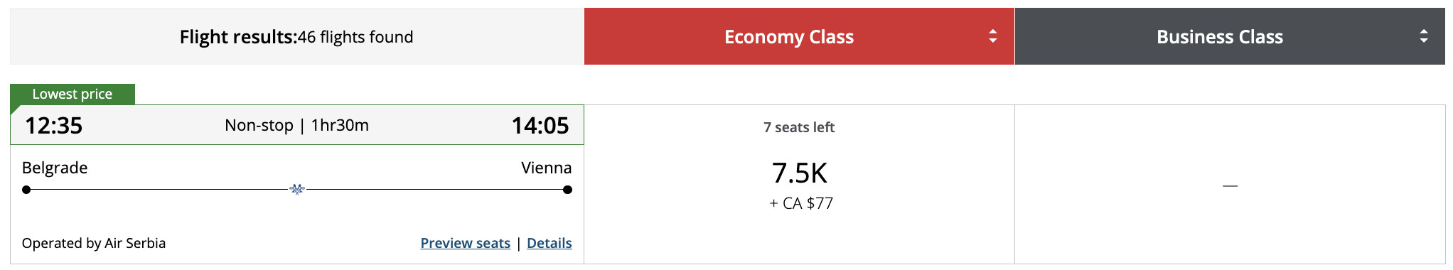 Flight award result - BEG to VIE bookable with Aeroplan points.