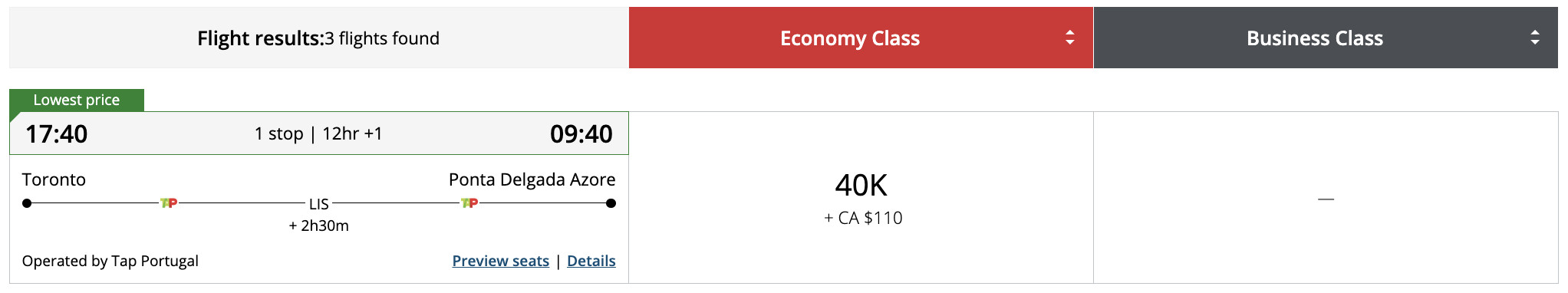 Flight award result - YYZ to PDL bookable with Aeroplan points.