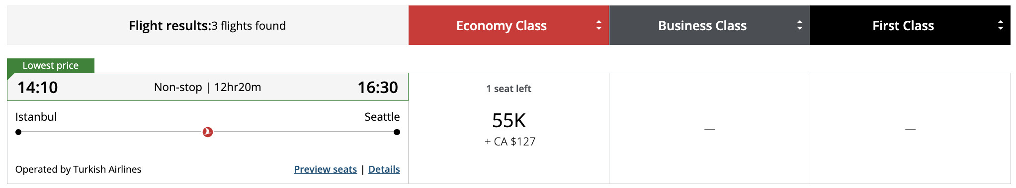 Flight award result - IST to SEA bookable with Aeroplan points.