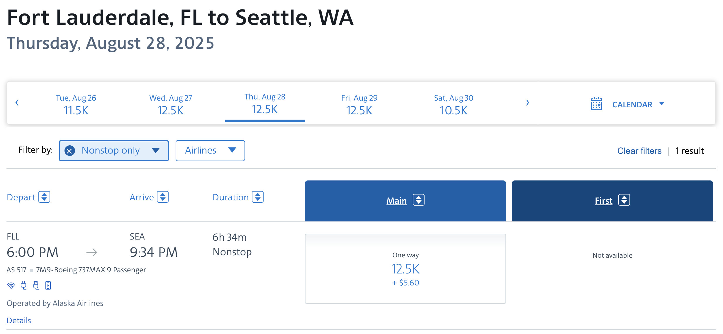 Alaska Airlines award flight example from Fort Lauderdale to Seattle bookable with AA miles