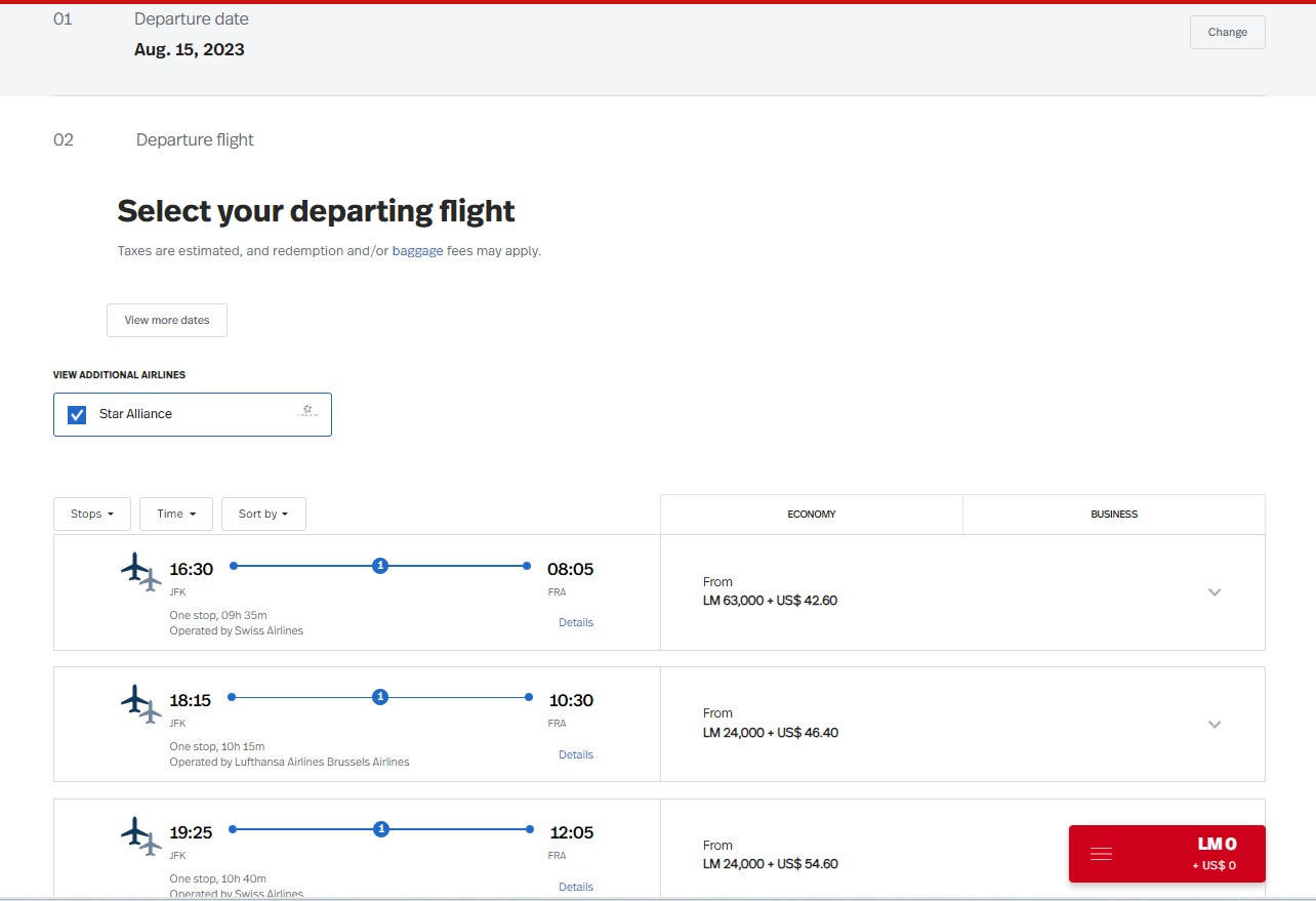 Screenshot of Avianca LifeMiles search results for JFK to FRA, displaying connecting flights but missing Singapore Airlines nonstop option.