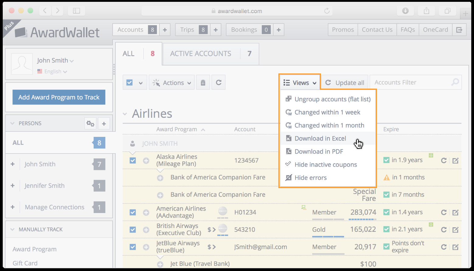 Screenshot showing how to download your loyalty program accounts into Excel from the AwardWallet dashboard