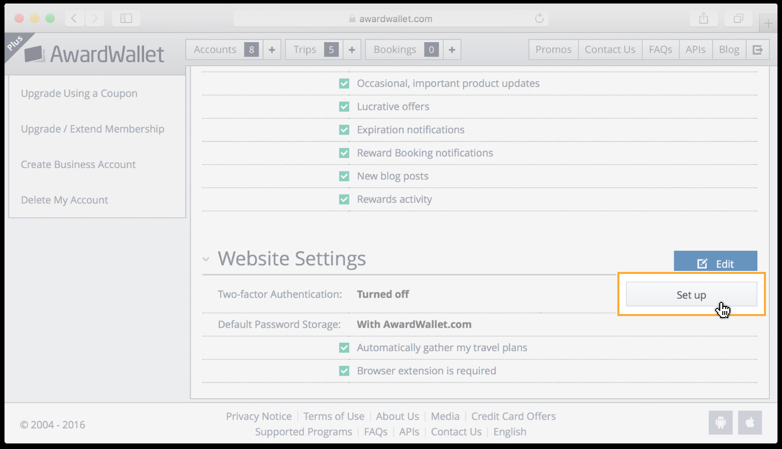 Screenshot of AwardWallet settings page highlighting the option to set up two-factor authentication