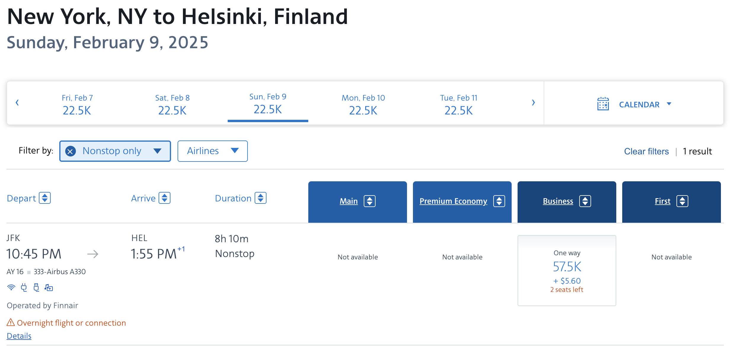 Finnair award flight example JFK to HEL