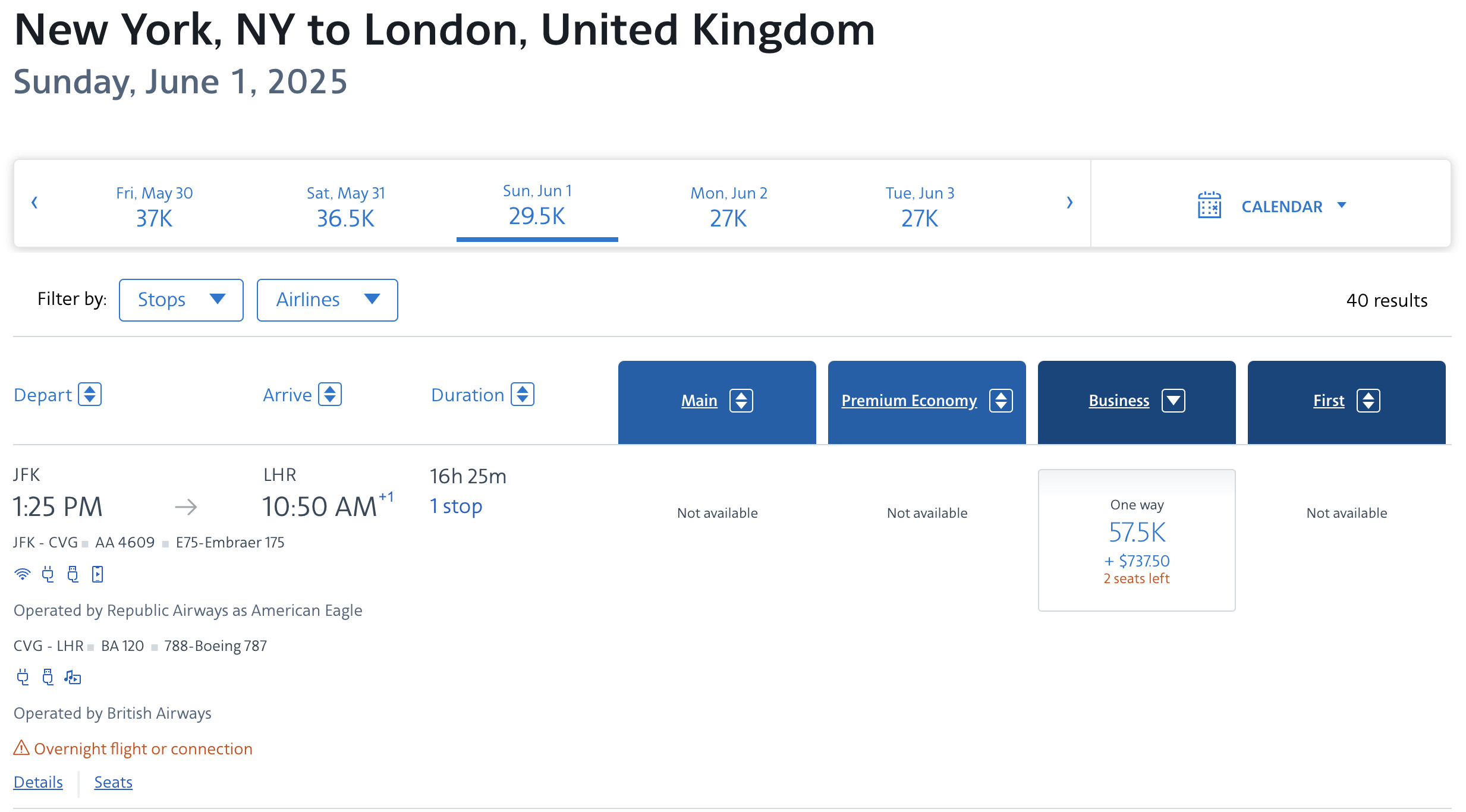 British Airways award flight from JFK to LHR bookable with AA miles