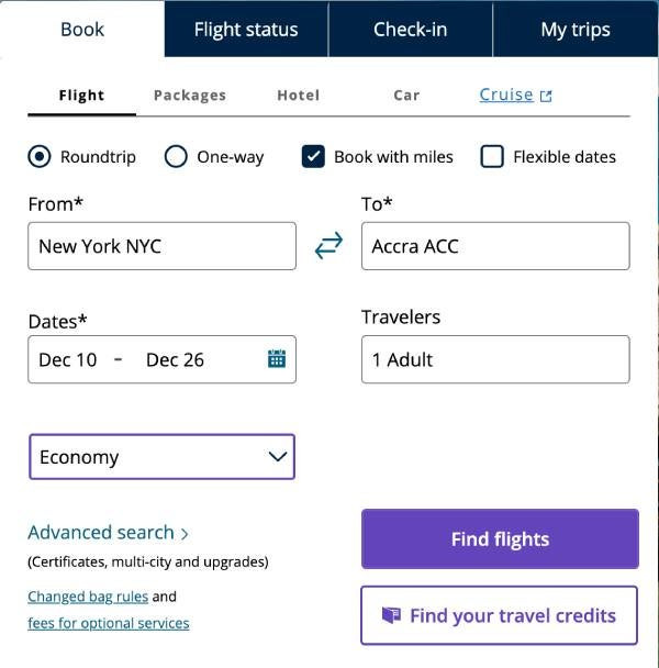 Screenshot of United booking interface, emphasizing the &quot;Book with miles&quot; option