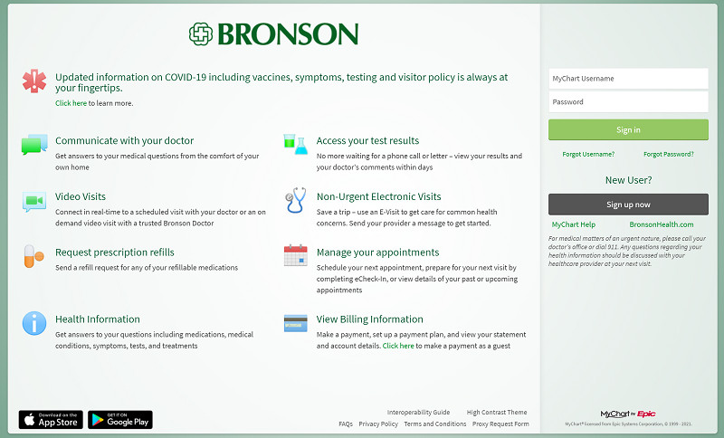 Screenshot of the Bronson MyChart login screen on a mobile phone.