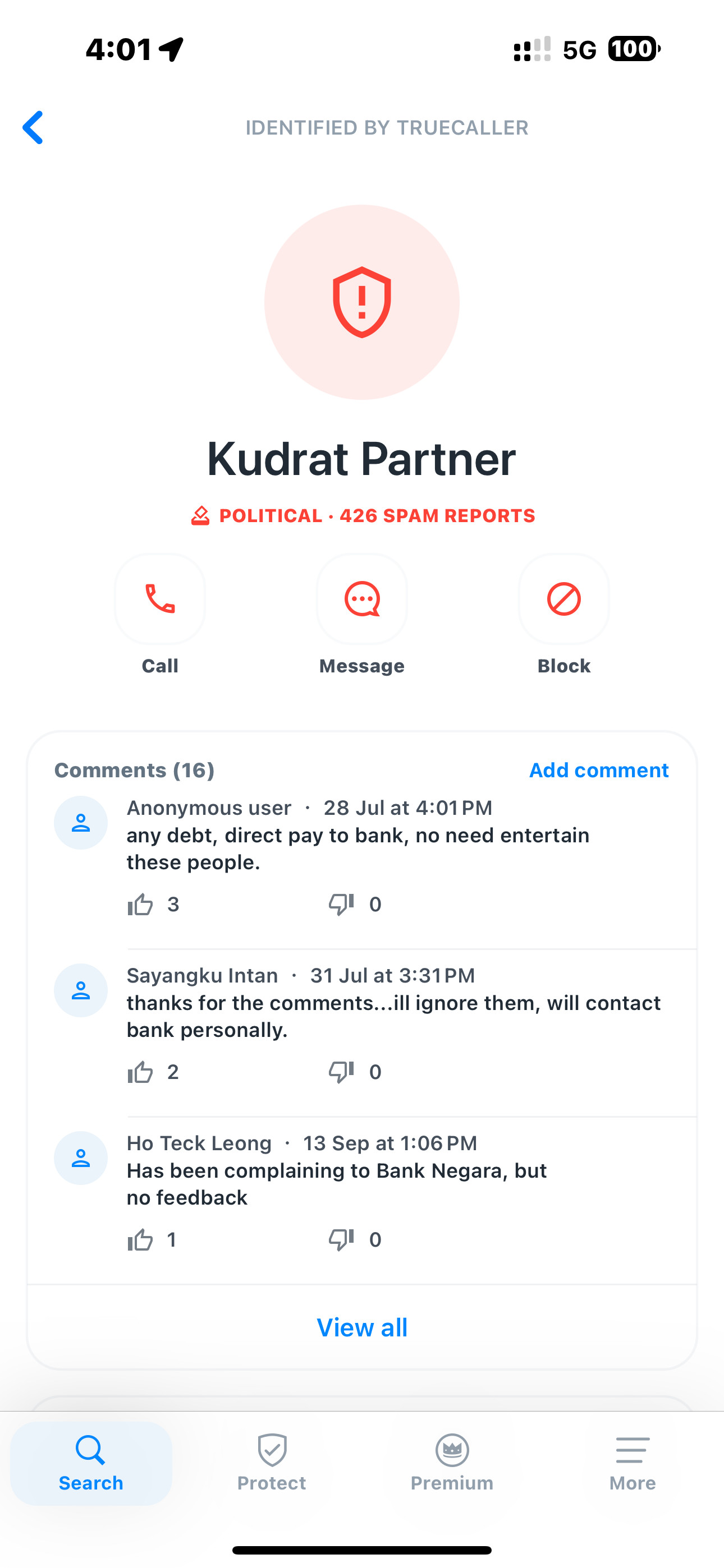 Truecaller comments highlighting negative experiences and describing Kudrat Partners &amp; Co.'s collection tactics as harassing