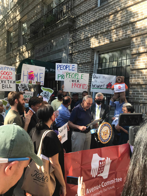 Senator Chuck Schumer at a rally against Greenbrook Partners' real estate practices in Brooklyn, NYC