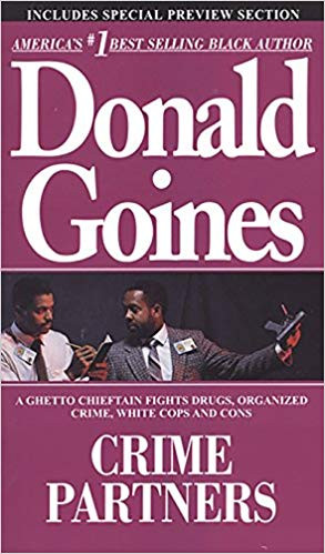 Donald Goines' Crime Partners book cover depicting two Black men in a tense standoff, reflecting themes of crime and partnership.