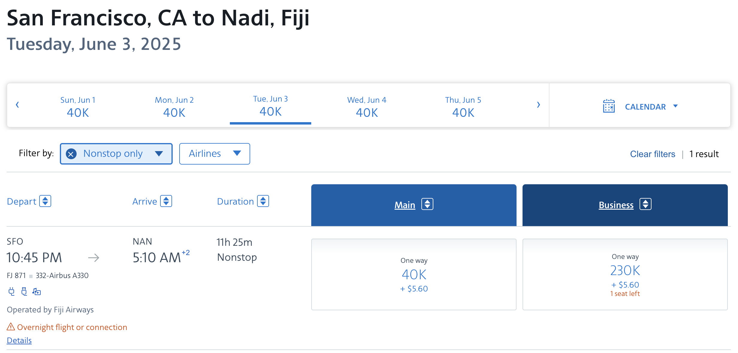 Fiji Airways award flight example SFO to NAN