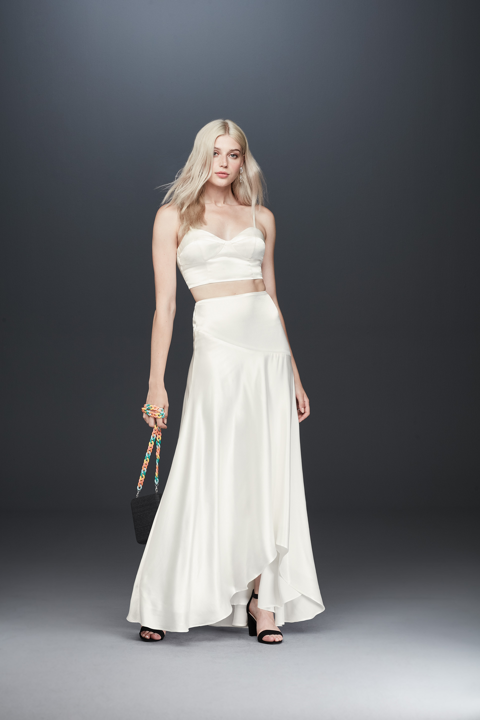 Bride in spaghetti strap satin bridal two piece dress, Fame and Partners two-piece wedding dresses