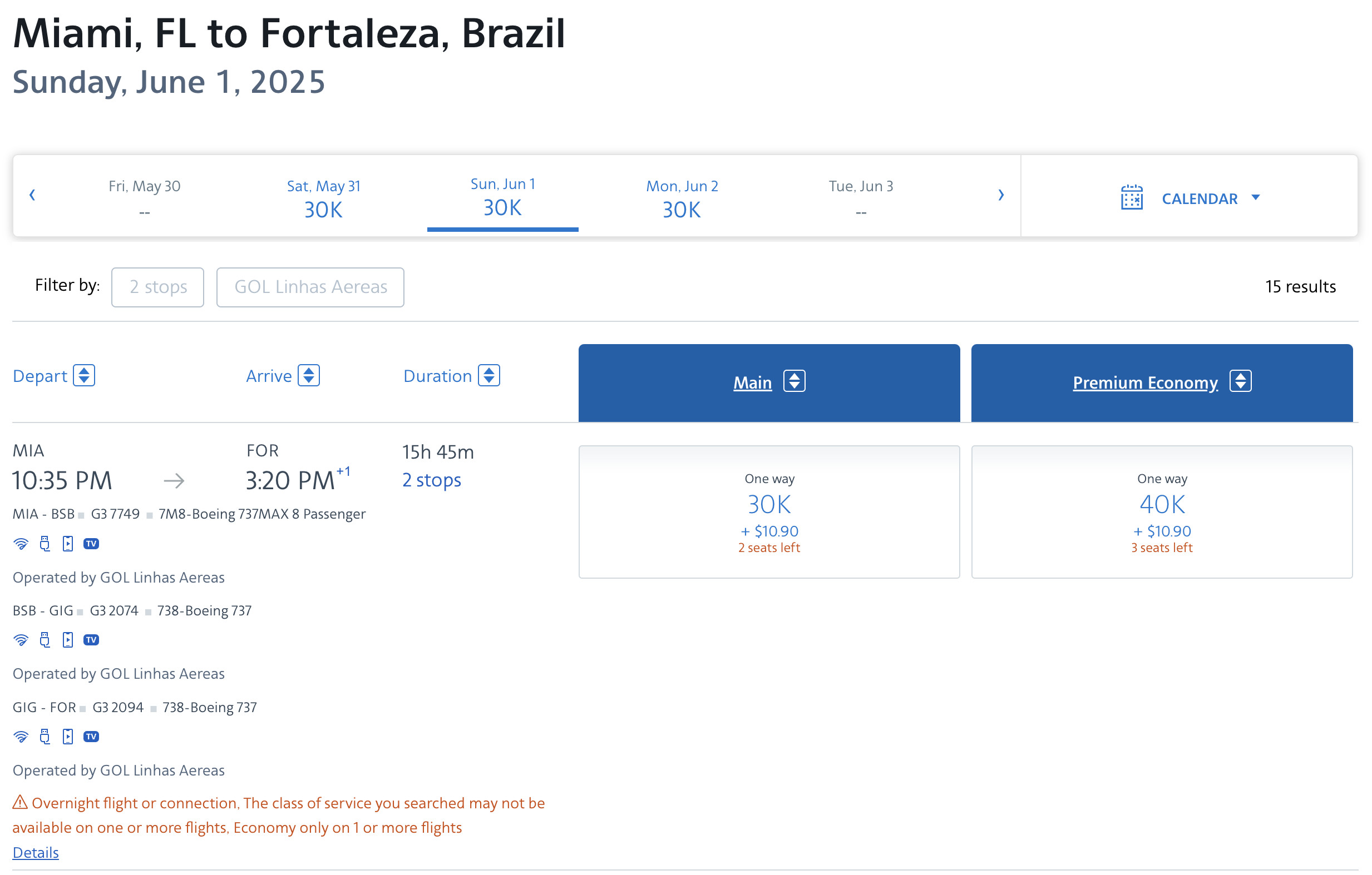 GOL Airlines award flight from MIA to FOR bookable with AA miles