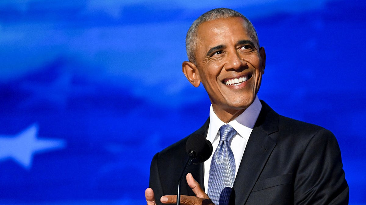 Former President Obama speaking at the Democratic National Convention in Chicago