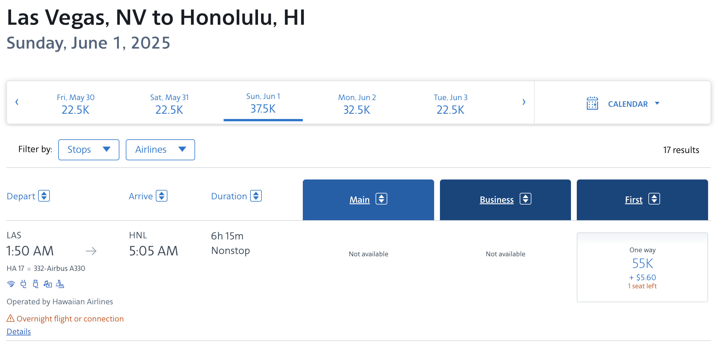 Hawaiian Airlines award from LAS to HNL bookable with AA miles.