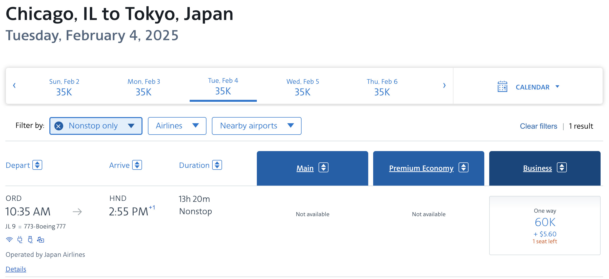 Japan Airlines award flight from ORD to TYO bookable with AA miles