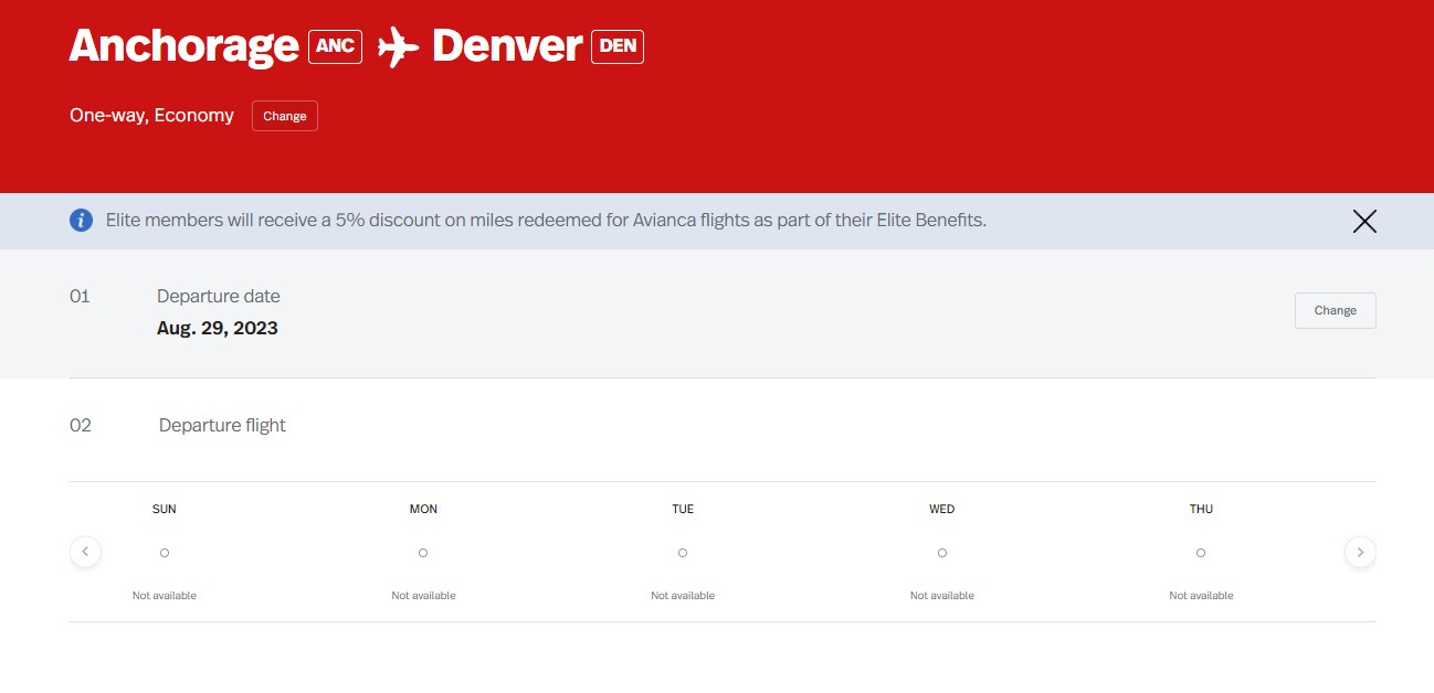 Avianca LifeMiles search result showing no availability for United Airlines Anchorage to Denver flight, contrasting with Aeroplan's access.