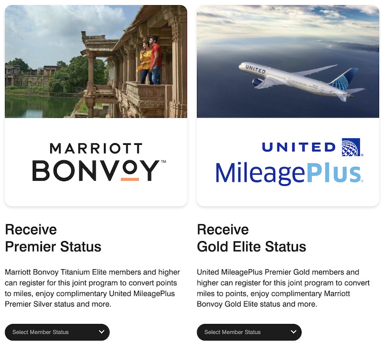 enrollment page for status match benefits with the United and Marriott RewardsPlus program