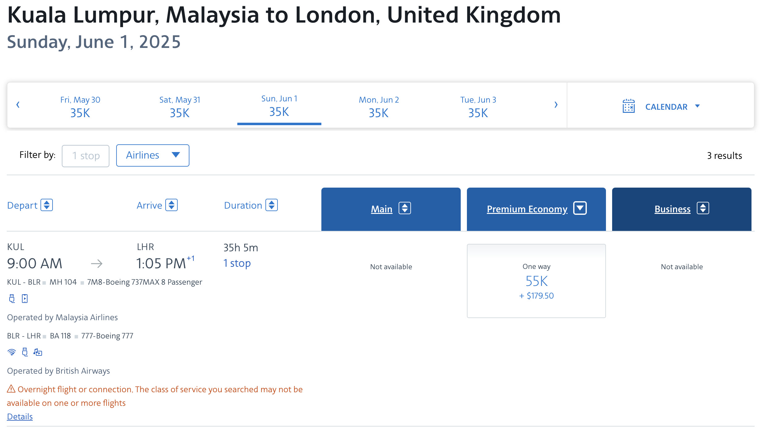 Malaysian award flight example KUL to LHR