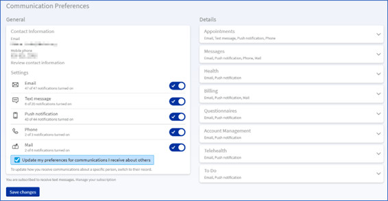 MyChart Communication Preferences screen showing advanced settings and notification types