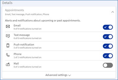 Detailed view of MyChart Communication Preferences outlining notification options for email and text