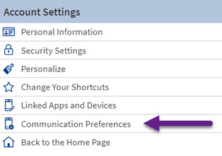 Location of Communication Preferences within MyChart Account Settings