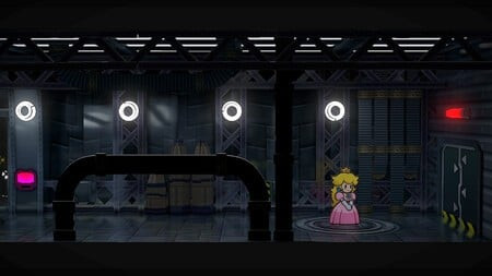 Princess Peach in a stealthy scene, highlighting her playable interludes in Paper Mario: The Thousand-Year Door.