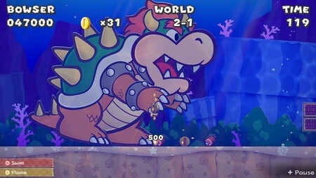 Bowser in a side-scrolling level, showcasing his playable interlude sections in Paper Mario: The Thousand-Year Door.