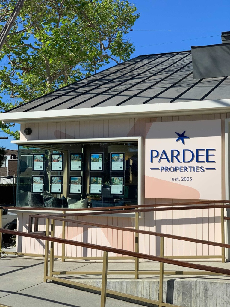 Pardee Properties building sign on Abbot Kinney Blvd, welcoming clients after rebranding from Halton Pardee Partners