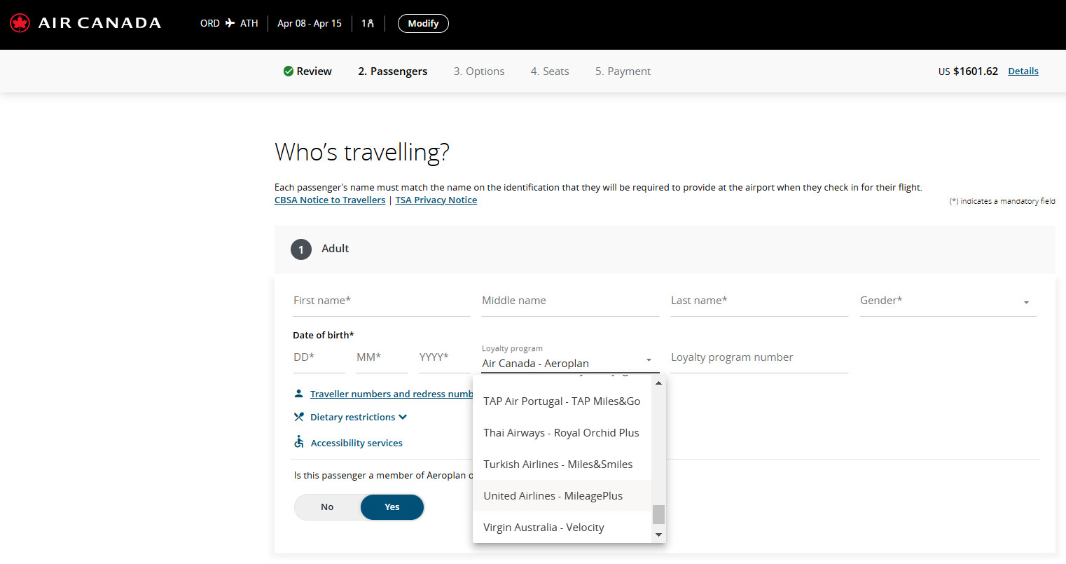 Screenshot showing where to enter MileagePlus number when booking a Star Alliance partner flight, like Air Canada