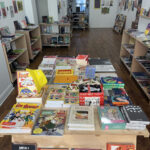 alt text: interior of partners and son comic shop with bookshelves and art on the walls