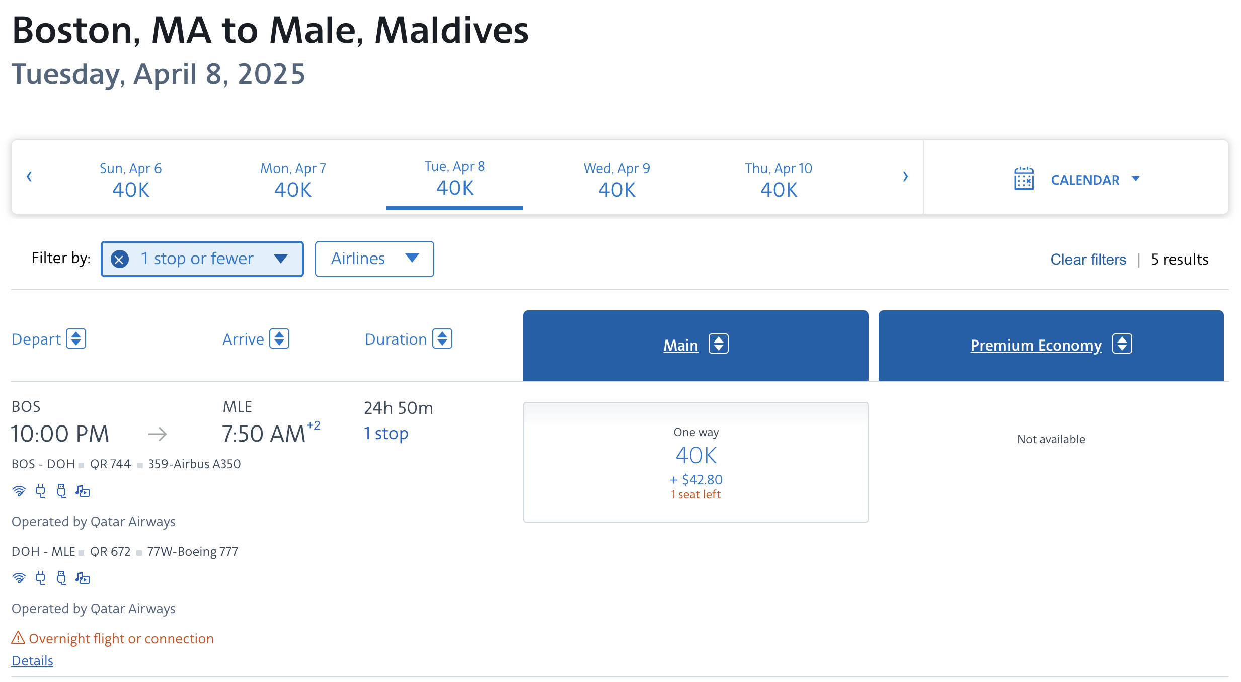 Qatar award from BOS to MLE bookable with AA miles.