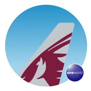 Qatar Airways logo presented as an Alaska Airlines partner, emphasizing extensive global network and nonstop service from various US cities for Mileage Plan members.