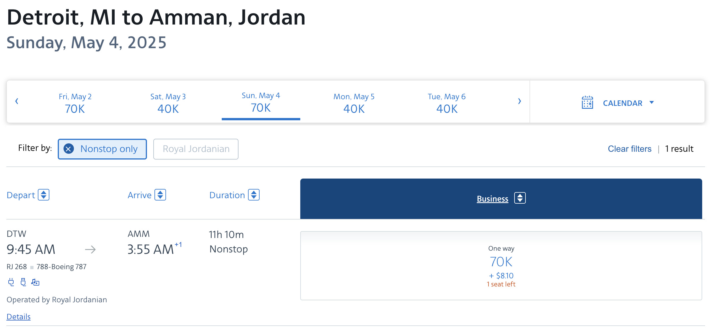 Royal Jordanian award flight example DTW to AMM