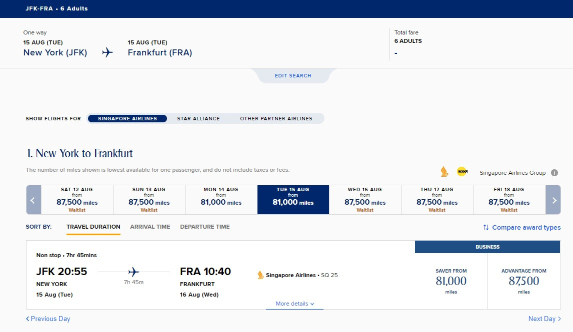 Singapore Airlines flight availability calendar for August 2023, JFK to FRA route, highlighting saver availability and potential for booking multiple seats.