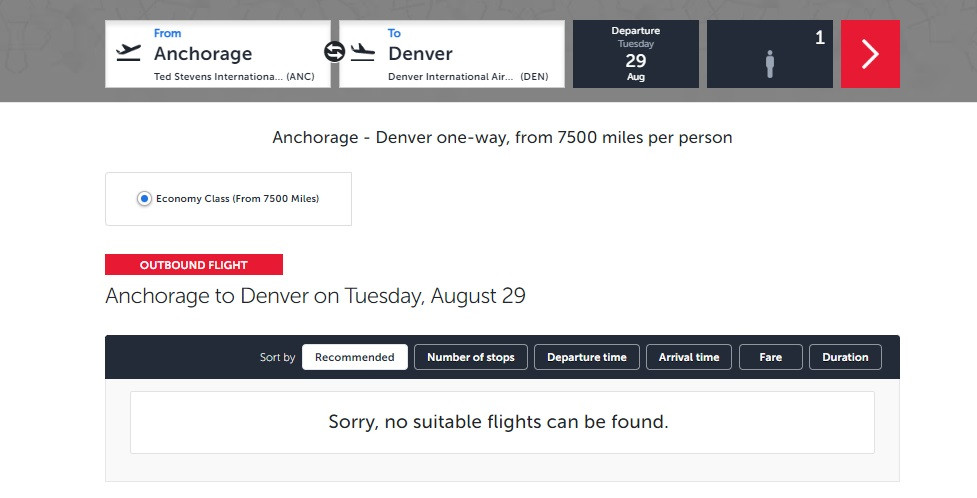 Turkish Airlines Miles&amp;Smiles search result for Anchorage to Denver, indicating mileage cost but no available flights, suggesting potential booking issues.